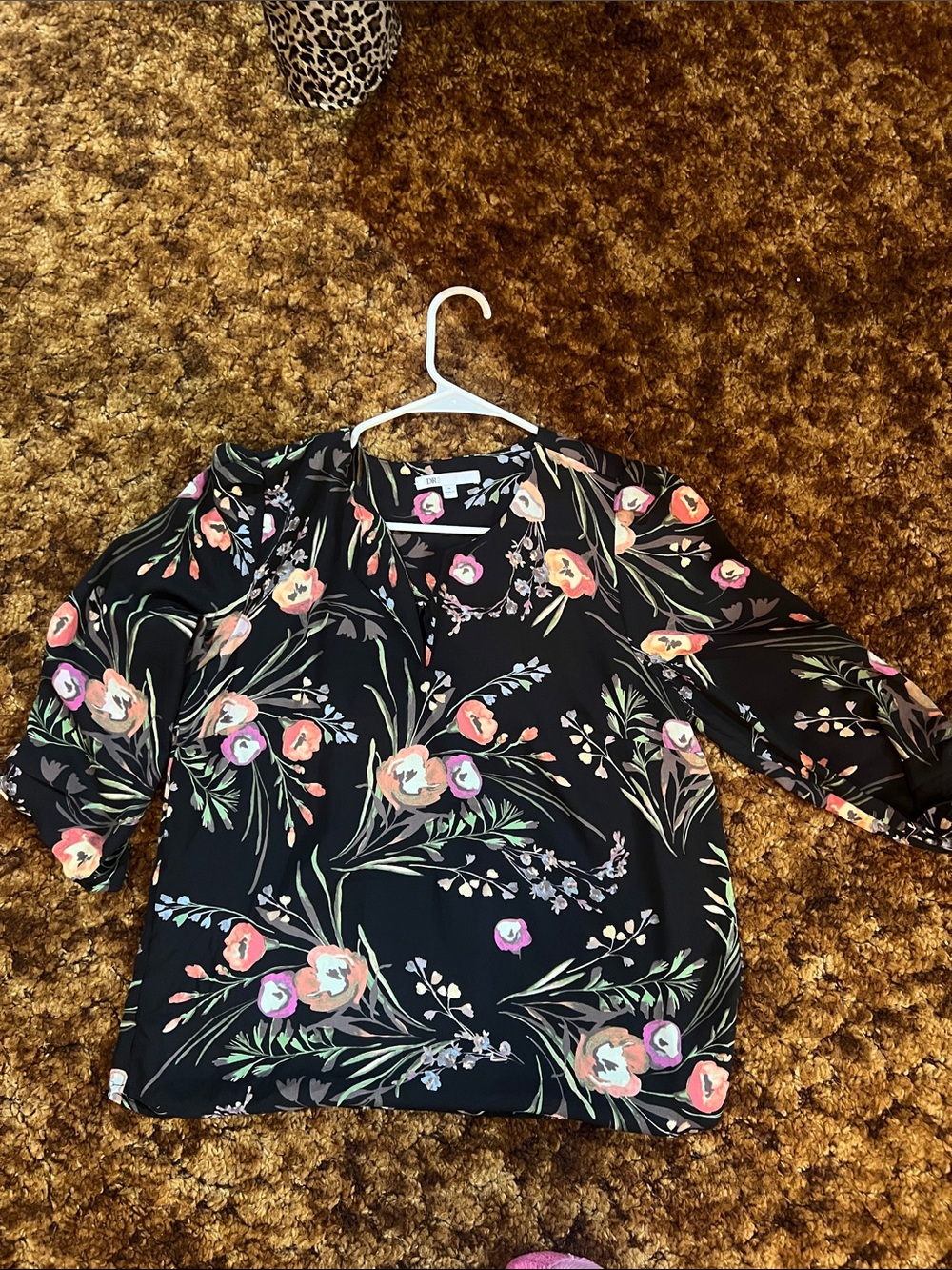 DR2 Black Floral V-Neck Blouse with Pink & Peach Blooms